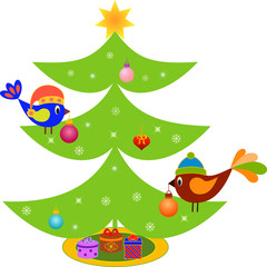 Christmas Tree with Ornaments and Birds