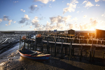 View of an old fisherman palaphitic pier on the Sado marshlands.