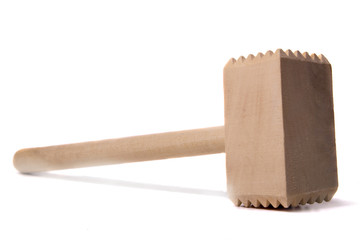 Close up view of a meat hammer isolated on a white background.