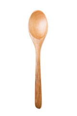 Close up view of one wooden spoon isolated on white background.
