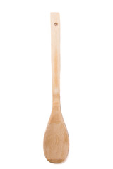 Close up view of one wooden spoon isolated on white background.