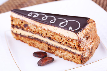 Delicious chocolate cake on plate on table close-up