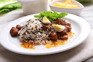 Tasty rice served on table, close-up