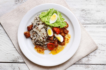 Tasty rice served on table, close-up