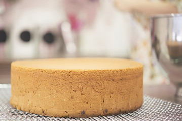 Young woman chef cooking cake in kitchen