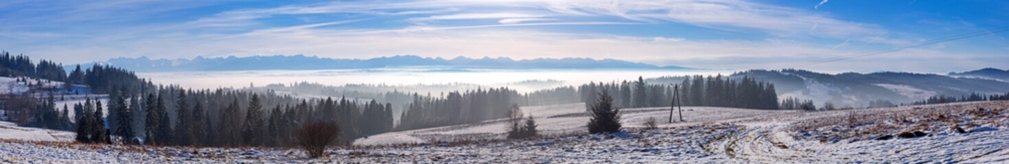 Panorama of Tatra mountains in winter time, Poland