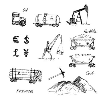 Hand drawn resource extraction sketch icons set.