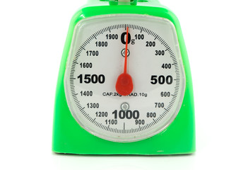 Dashboard of green kitchen weighing scale on a white background
