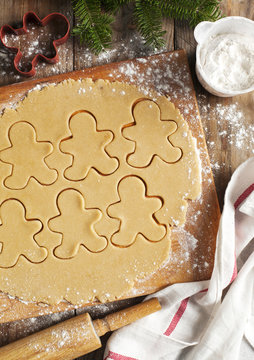 Making Gingerbread Cookies. Christmas Baking Background Dough An