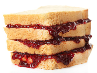 Tasty sandwich with jam isolated on white