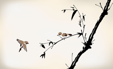 Fototapeta premium ink painted bamboo and bird