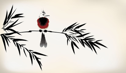Naklejki  tuszem malowany bambus i ptak