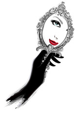 Femme avec des gants noirs regardant un miroir