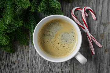 Coffee and Candy Cane for the Holidays with Christmas Pine Branc