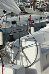 Steering wheel in a sailing Yacht boat cockpit	