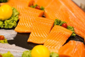 salmon fillet, raw fresh of orange salmon fillet showing texture
