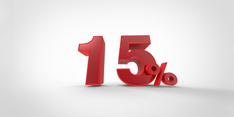 3D rendering of a red 15 percent letters on a white background