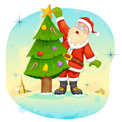 Santa Claus decorating Christmas tree