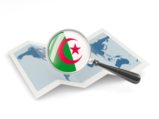 Magnified flag of algeria with map
