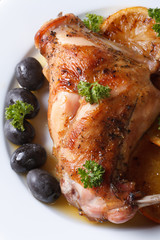 roasted rabbit leg with oranges macro. Vertical top view