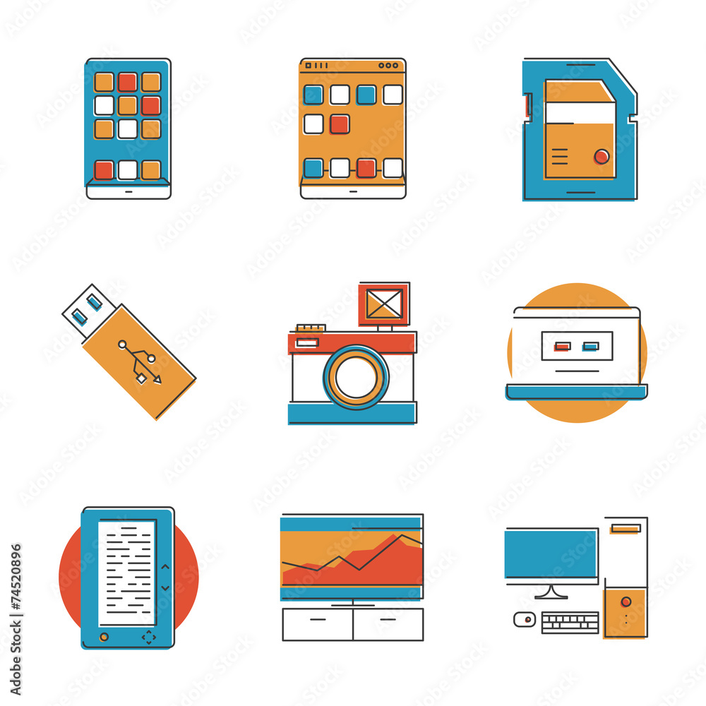 Poster technology devices line icons set