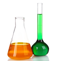 Two flasks with green and orange fluid isolated on white