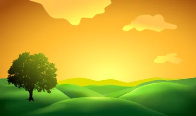 Fotobehang landschapsachtergrond met boomsilhouet © am54