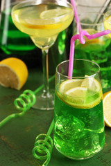 Glasses of fruit cocktails in party close-up