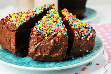 Chocolate cake with chocolate  milk on table close-up