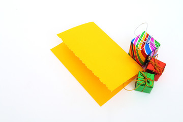 small gift box and yellow card