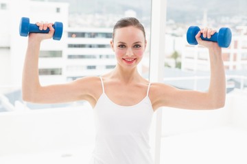 Fit brunette holding blue dumbbells