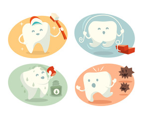 Cute tooth in different situations. Vector illustration.