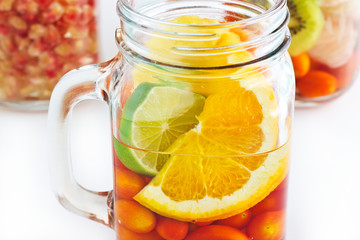 Mug delicious refreshing drink of mix fruits colorful