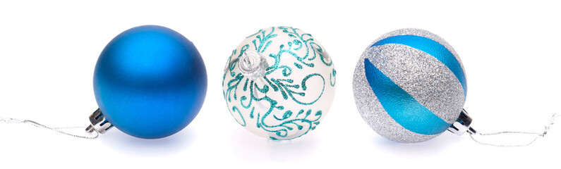 blue, white, blue-silver christmas balls on white background