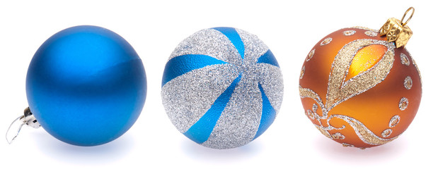 blue, blue-silver, orange christmas balls on white background