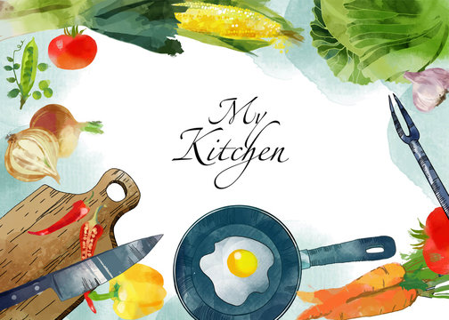 My kitchen Watercolor vector kitchen background