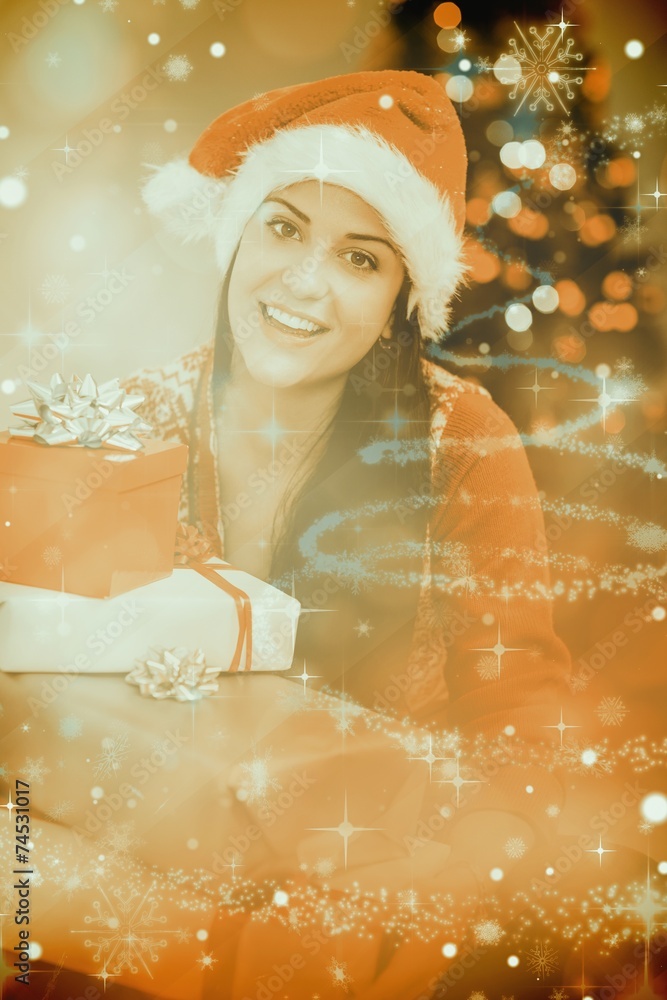 Poster composite image of festive brunette smiling at camera
