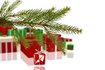 Composite image of red christmas decoration hanging from branch