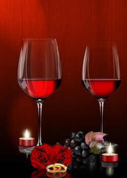 Rotweingläser mit Weintrauben und Teelichter,Candle Light