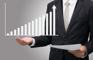 Businessman standing posture hand holding graph finance isolated
