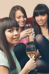 Cheerful young female friends with wine glasses enjoying