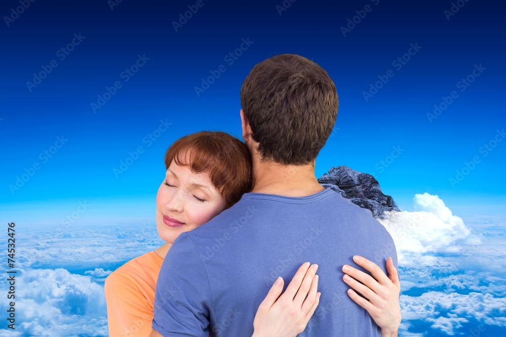 Poster composite image of happy couple hugging one another