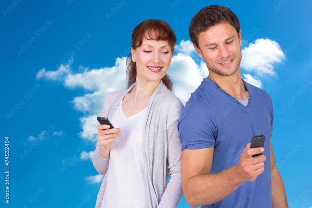 Poster composite image of couple both making phone calls