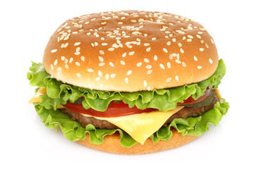 Big hamburger on white background .