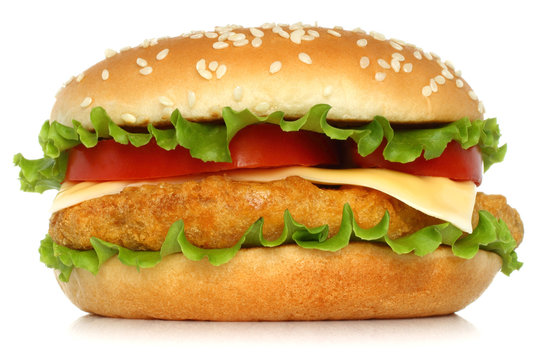 Big chicken hamburger on white background.