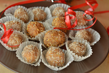 Homemade chocolate truffles with nuts Christmas dessert
