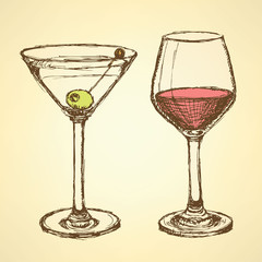 Sketch martini and wine glass in vintage style