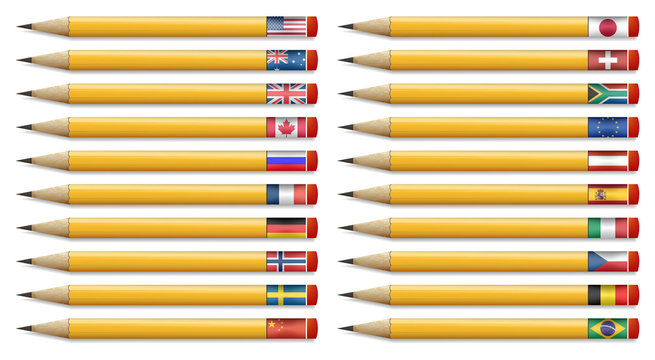 Twenty pencils with flags of the world, vector illustration