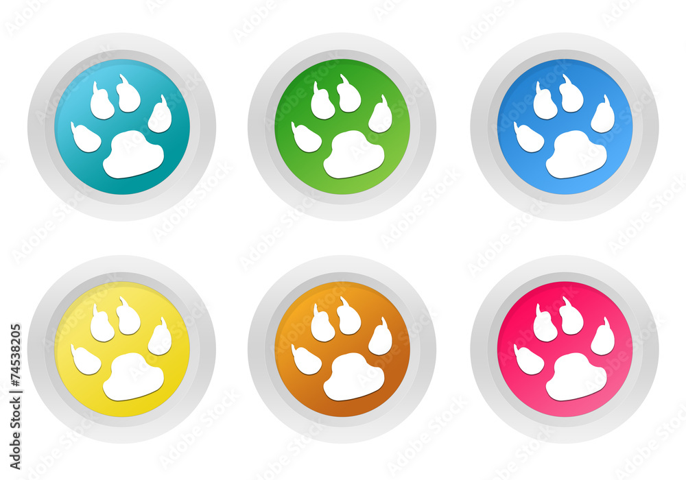Poster set of rounded colorful buttons with pet footprints symbol