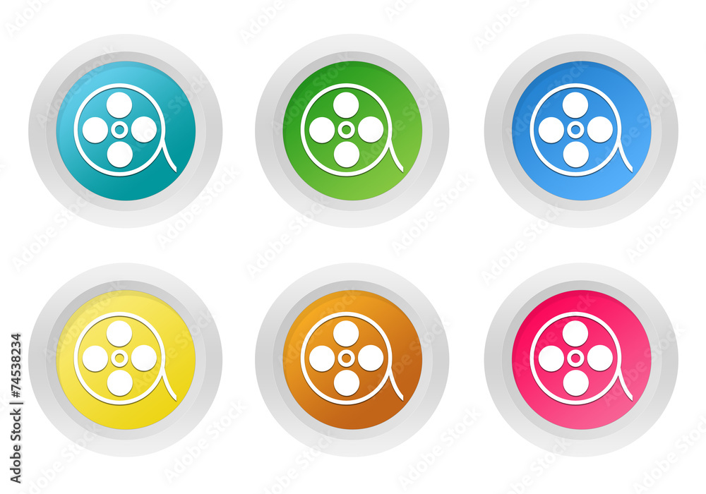 Poster set of rounded colorful buttons with movie symbol